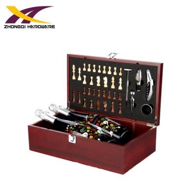 5pcs wine corkscrew tool set with chess set in wooden box for 2 bottles