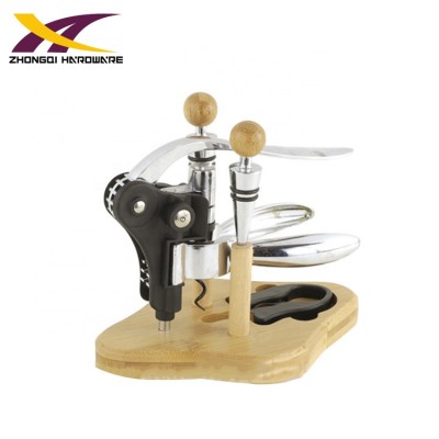 Widely used accessories rabbit corkscrew opener wine gift set with bamboo stand