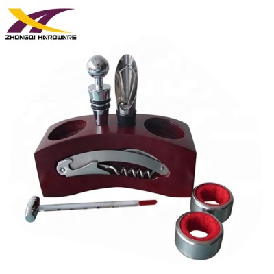 Promotion 6pcs accessories corkscrew wine opener set with wooden stand